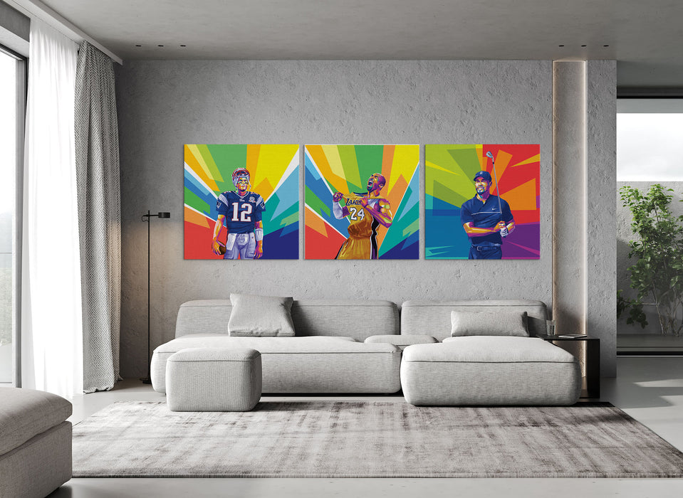 Modern 3-pieces art canvases of Kobe Bryant, Tom Brady, Tiger Woods