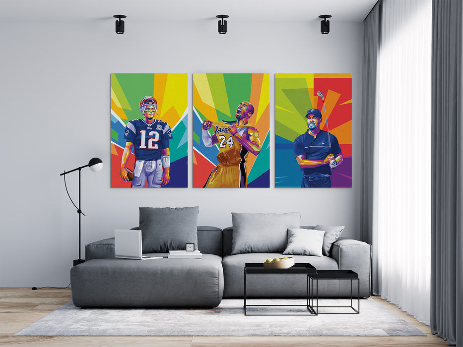 Famous Athletes Set - Kobe Bryant, Tom Brady, Tiger Woods - 3-Pieces Canvas Print for Gallery Wall