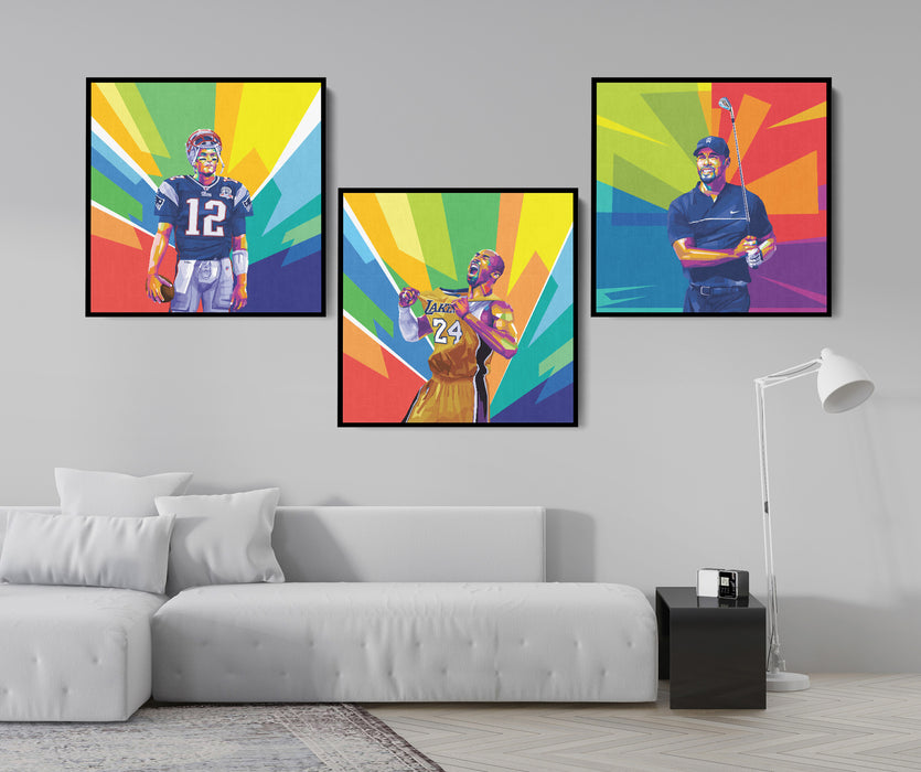 Famous Athletes Set - Kobe Bryant, Tom Brady, Tiger Woods - 3-Pieces Canvas Print for Gallery Wall