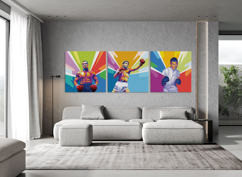 Famous Boxers Set - Mike Tyson, Roberto Duran, Sugar Ray Robinson - 3-Pieces Canvas Print for Gallery Wall