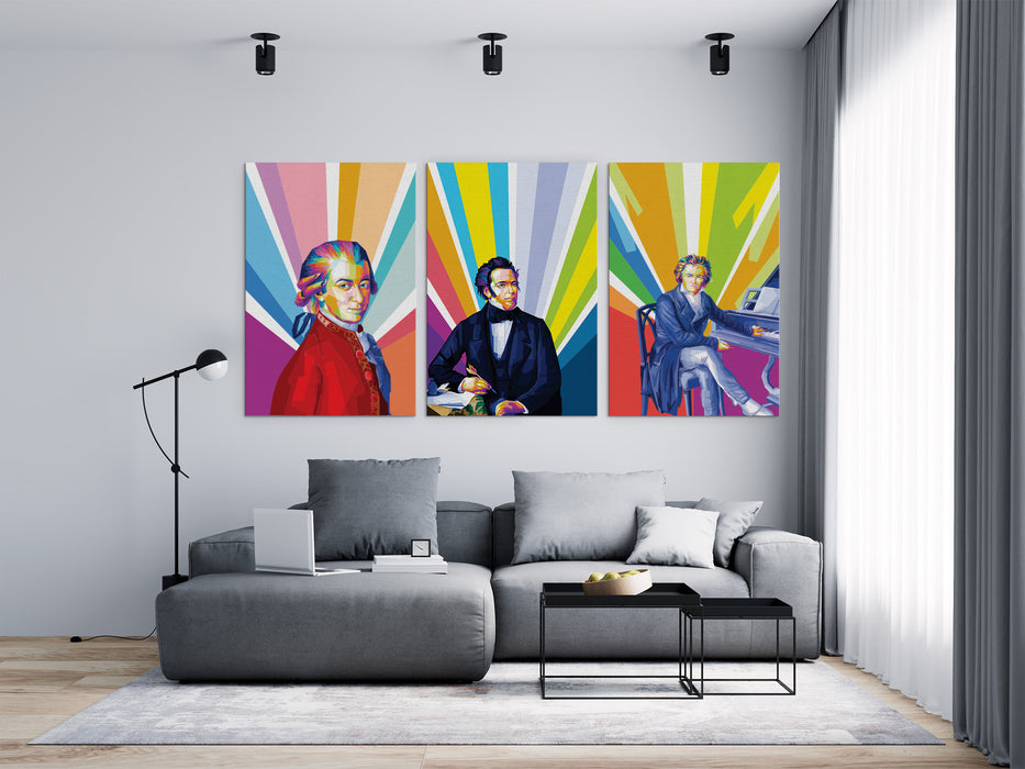 Famous Composers Set - Wolfgang Amadeus Mozart, Ludwig Van Beethoven, Franz Schubert - 3-Pieces Canvas Print for Gallery Wall