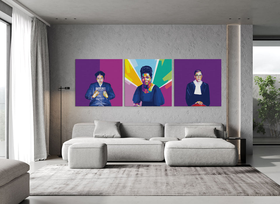 Famous Feminists Set - Rosa Parks, Ruth Bader Ginsburg & Maya Angelou - 3-Pieces Canvas Print for Gallery Wall