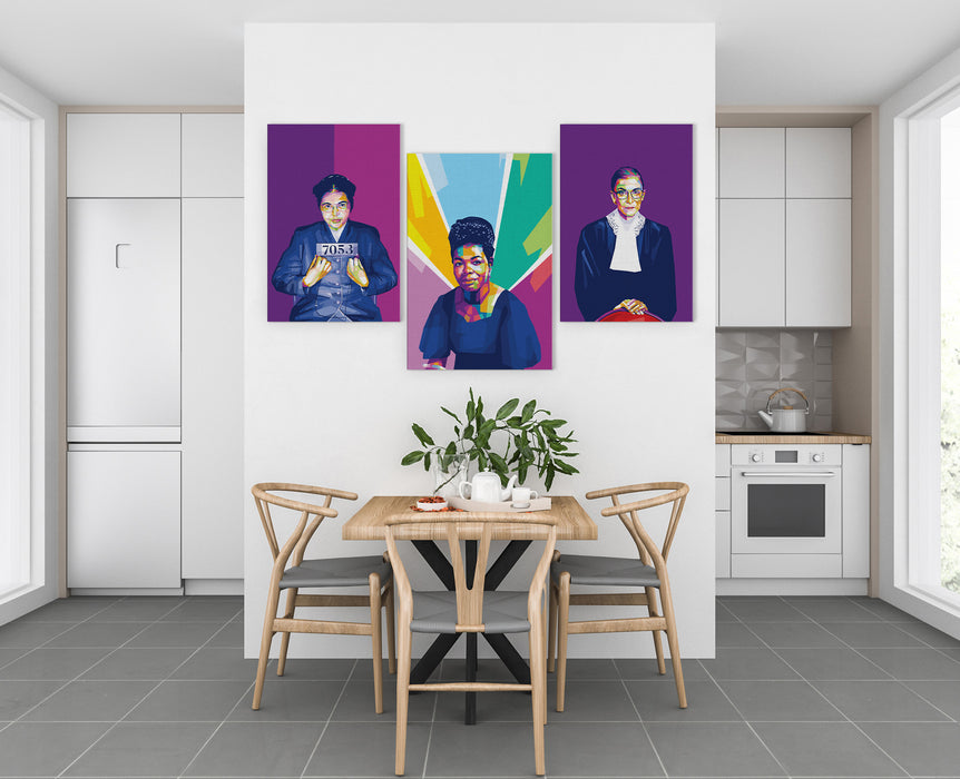 Famous Feminists Set - Rosa Parks, Ruth Bader Ginsburg & Maya Angelou - 3-Pieces Canvas Print for Gallery Wall