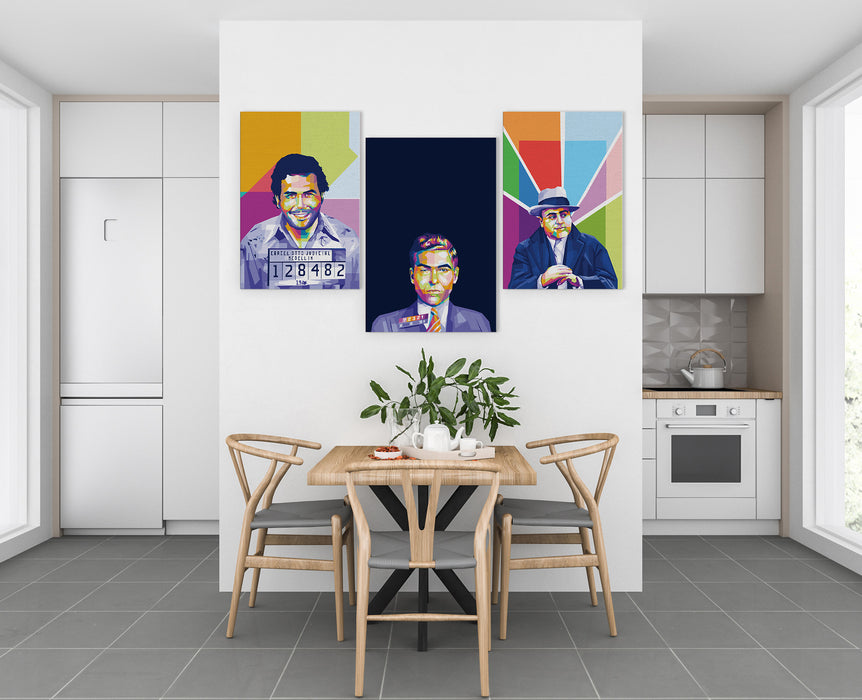 Famous Gangsters Set - Pablo Escobar, Lucky Luciano, Al Capone - 3-Pieces Canvas Print for Gallery Wall