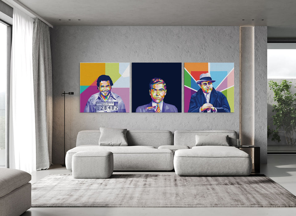 Famous Gangsters Set - Pablo Escobar, Lucky Luciano, Al Capone - 3-Pieces Canvas Print for Gallery Wall