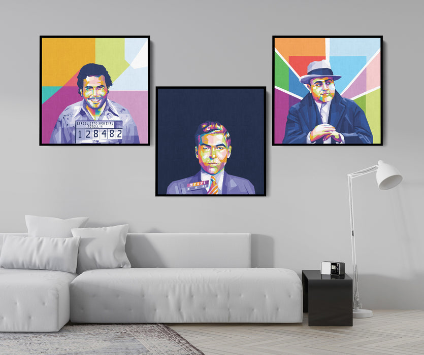 Famous Gangsters Set - Pablo Escobar, Lucky Luciano, Al Capone - 3-Pieces Canvas Print for Gallery Wall