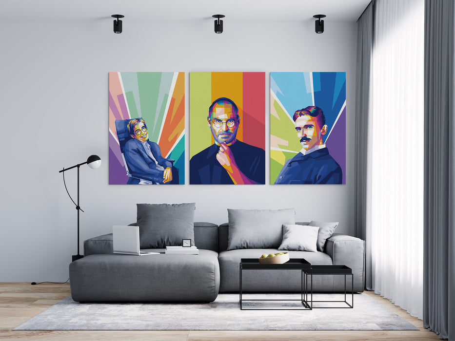 Famous Inventors Sets - Steve Jobs, Nikola Tesla, Stephen Hawking - 3-Pieces Canvas Print for Gallery Wall