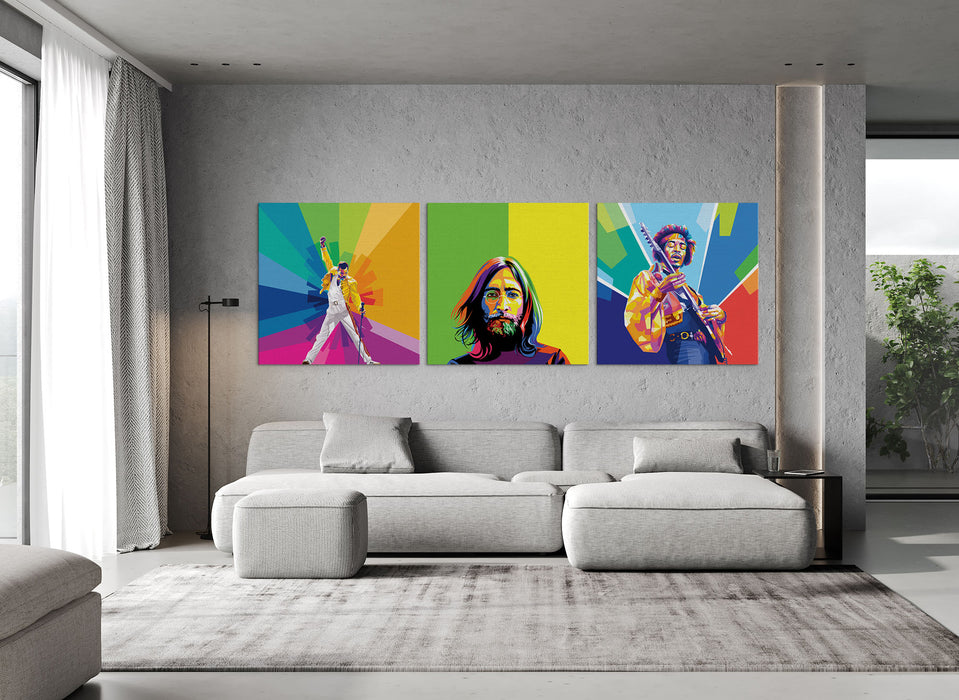 Famous Rockers Set -Freddie Mercury, Jimi Hendrix, John Lennon - 3-Pieces Canvas Print for Gallery Wall