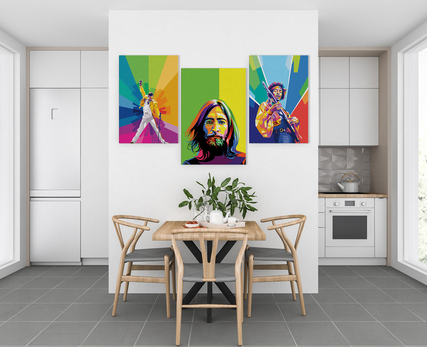 Famous Rockers Set -Freddie Mercury, Jimi Hendrix, John Lennon - 3-Pieces Canvas Print for Gallery Wall