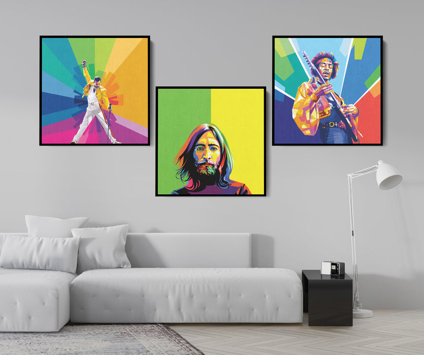 Famous Rockers Set -Freddie Mercury, Jimi Hendrix, John Lennon - 3-Pieces Canvas Print for Gallery Wall