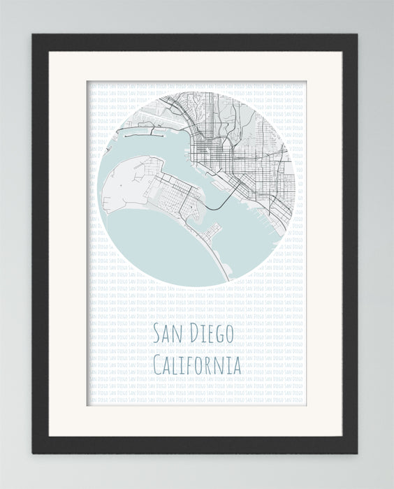 A canvas print of minimalist black & white map of San Diego.