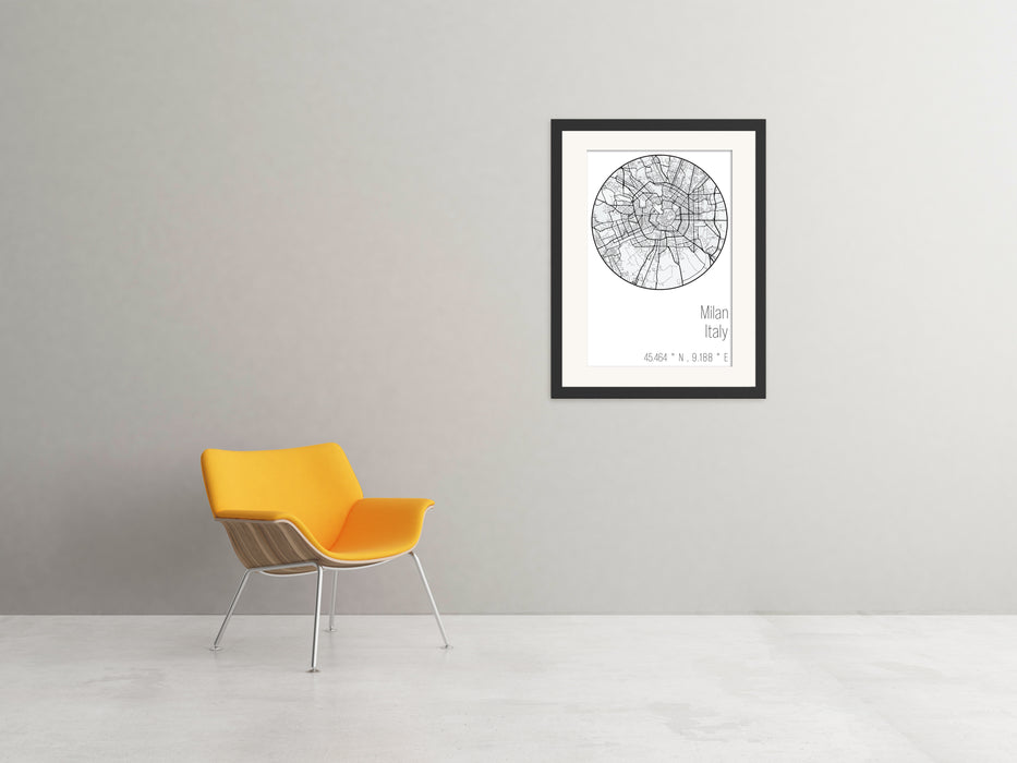 Milan Minimalist Black & White Map Poster - Canvas Art