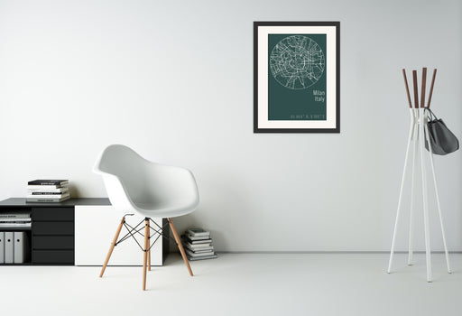 A canvas print of a minimalist green map of Milan.