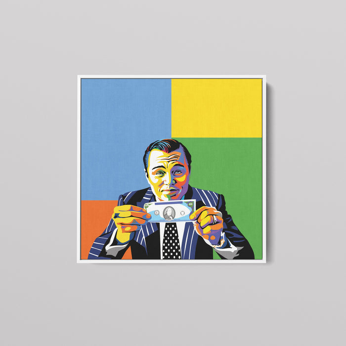 Modern pop art poster of Leonardo Dicaprio, Wolf of Wall Street, (100 Dollar Bill).