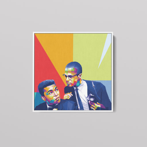 Modern pop art poster of Muhammad Ali and Malcolm X.